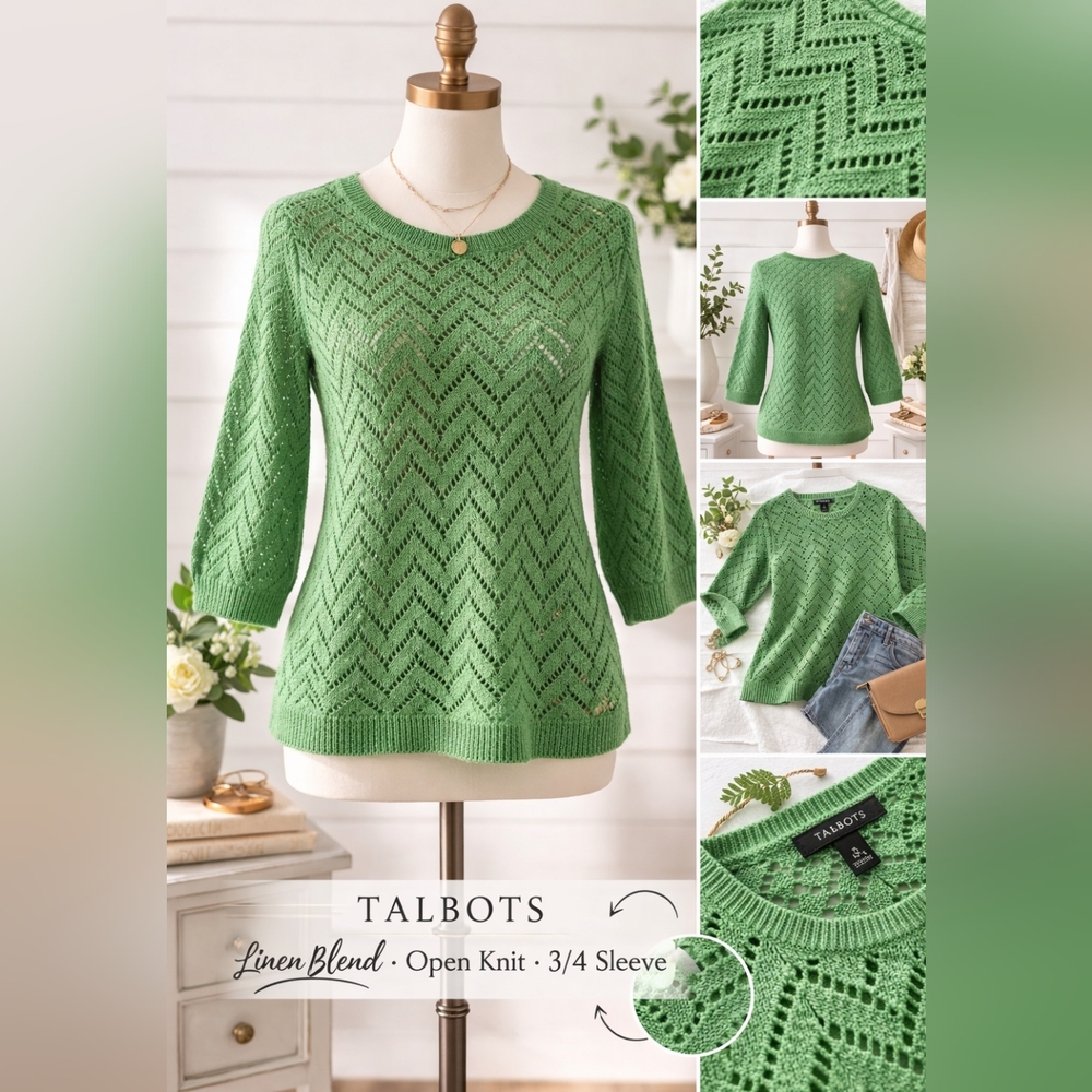 Talbots Linen Blend Open Knit Sweater | 3/4 Sleeve | Small